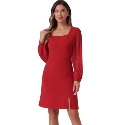 Allegra K Women's Square Neck Split Side Semi-Sheer Puff Sleeve Mini A-Line Dress
