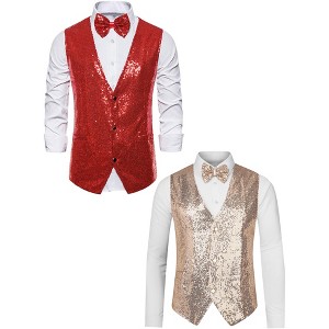 Lars Amadeus Men's Shiny Sequin Sleeveless Tuxedo Vest Set with Bow Tie 2 Packs - 1 of 4
