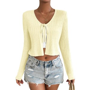 Womens Tie Front Sweater Cardigan Long Sleeve Rib Knit Shrug for Dress Sweaters Crop Tops Womens Soft Cardigan - 1 of 4