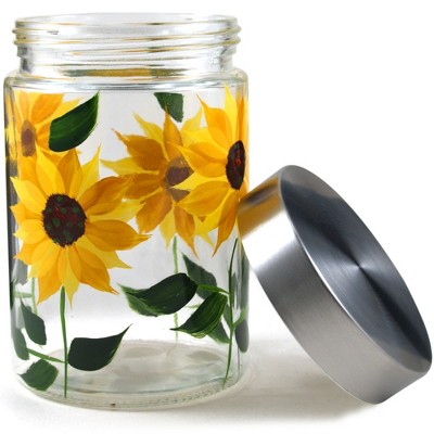 Grant Howard GH-39515 42 Ounce Hand Painted Elegant Sunflower Design Glass Storage Jar with Airtight Lid for Coffee, Spices, Sugar, and Other Dry Food