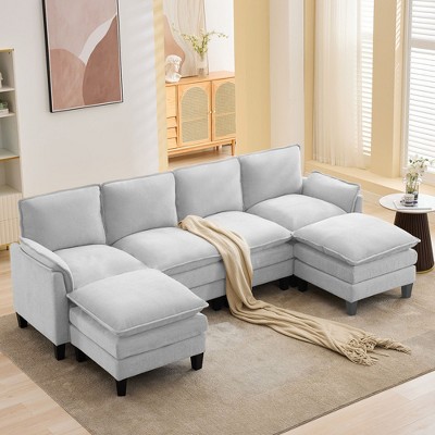 HYLEORY 100.79'' Width Modern Linen Flannel Fabric U-Shaped Sectional Sofa with Ottoman for living room