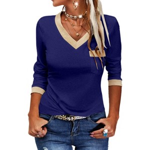 Imily Bela Womens Long Sleeve T Shirts Casual V Neck Color Block Tunic Tops Loose Basic Top - 1 of 4