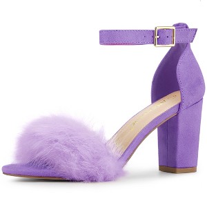 Allegra K Women's Faux Fur Buckle Closure Ankle Strap Block Heels Sandals - 1 of 4