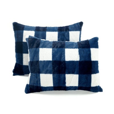 Navy and White Plaid Faux Fur Twin Comforter Set