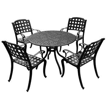 5pc Outdoor Dining Set with 42" Modern Ornate Outdoor Mesh Aluminum Round Patio Dining Table & Checker Chairs - Black - Oakland Living