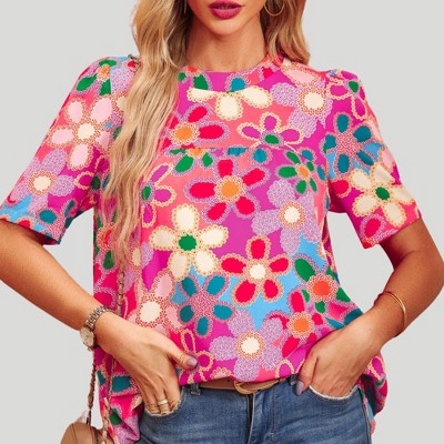 Amaryllis Women’s Short Sleeve Bold Floral Print Relaxed Fit Crew Neck Blouse - Medium ,Pink