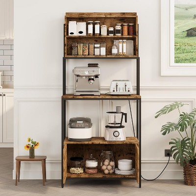 5-Tier Bakers Rack with Power Outlet, Kitchen Storage Cabinet & Coffee Bar Station with Microwave Stand Shelves