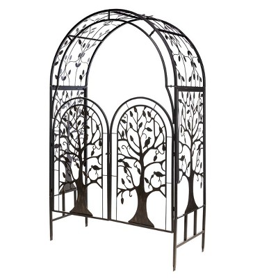 Burnished Bronze Metal Tree of Life Arched Garden Arbor with Gate
