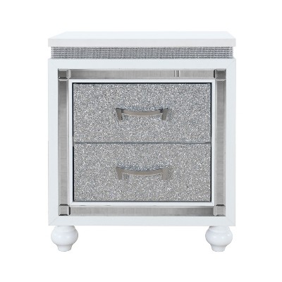 Vynxaria Contemporary White Nightstand, Modern Glamour Style, Crushed Crystal Drawer Fronts, Glitter & Mirrored Accents