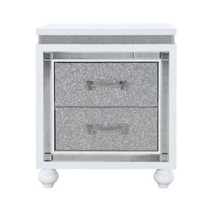 Vynxaria Contemporary White Nightstand, Modern Glamour Style, Crushed Crystal Drawer Fronts, Glitter & Mirrored Accents - 1 of 4
