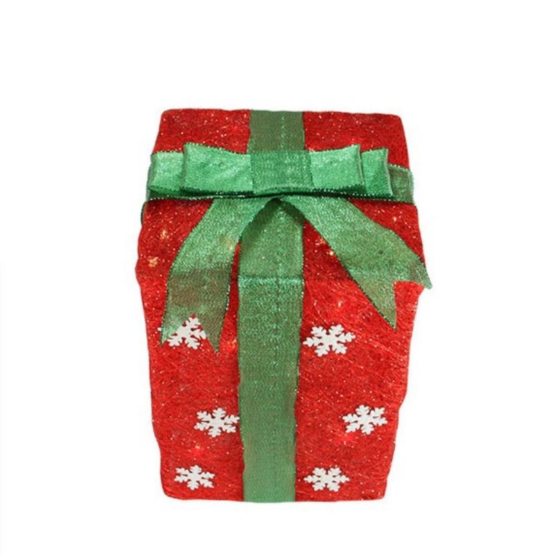 Northlight Set of 3 Lighted Red with Green Bows and Snowflakes Gift Boxes Outdoor Christmas Decorations 13", 2 of 3