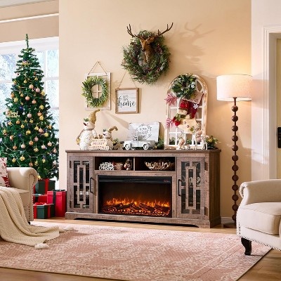 SinCiDo 36" Electric Fireplace TV Stand for 80 Inch TV, Farmhouse Media Console w/6 Shelves, 32" Tall Entertainment Center w/Storage