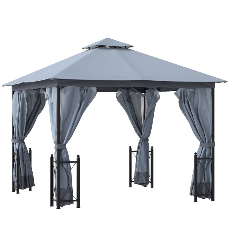 Outsunny 13' x 11' Patio Gazebo Canopy Garden Tent Sun Shade, Outdoor Shelter with 2 Tier Roof, Netting and Curtains, Steel Frame for Patio, Backyard, Garden, 1 of 7