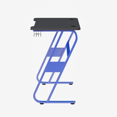 Sleek Blue and Black Ergonomic Gaming Desk with Cup Holder and Headphone Hook