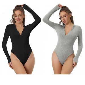 Allegra K Women's Zip Front Casual Stand Neck Long Sleeve Slimming Going Out Body Shapers 2 Packs - 1 of 4