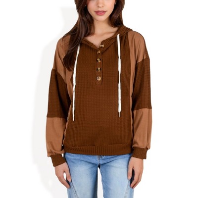 Anna-Kaci Women's Waffle Knit Hoodie with Long Sleeves Featuring Contrast Patchwork Casual Pullover Top