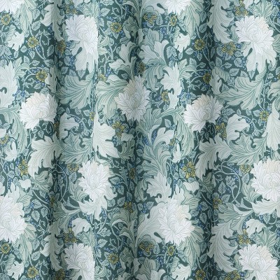 Green and White Floral Fabric Shower Curtain with Grommets