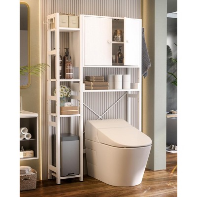 Aheaplus 7-Tier Bathroom Organizer with Adjustable Shelf, Over The Toilet Storage Cabinet with Doors and 4 Hooks