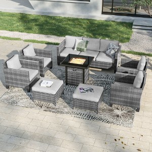 Sonkuki 8 Pieces Patio Sofa with Square Fire Pit Table and Ottomans, Wicker Conversation Couch, Light Gray Cushion - 1 of 4
