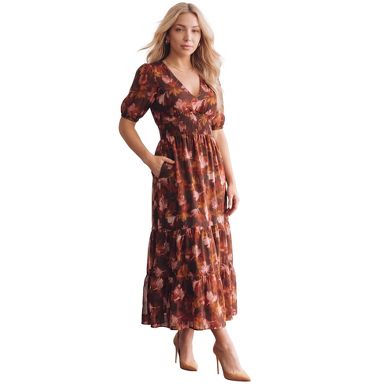 Roaman's Plus Size Chiffon V-Neck Short Sleeve Tiered Maxi Dress