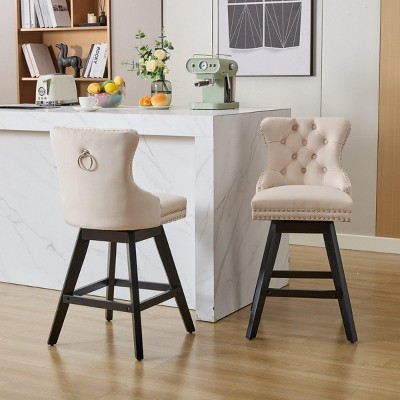INFURNIC Counter and Bar Stools Swivel Velvet Bar Stool with Button Tufting and Wooden Legs for Kitchen and Home Bar, Beige, 21.5"*17.5"*38.4"