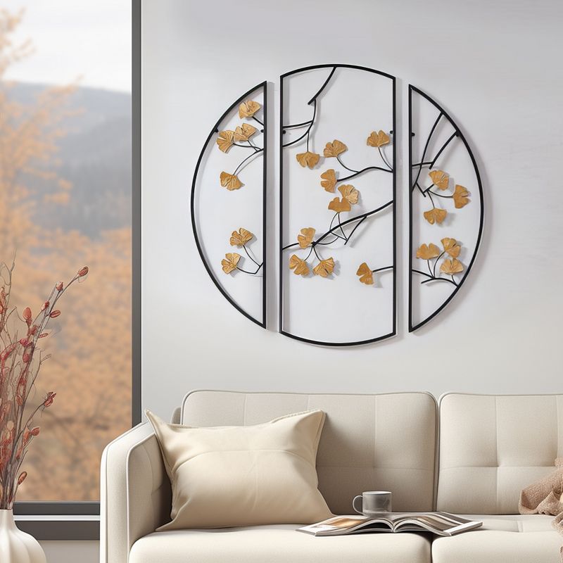 LIVN CO. 3-Piece Dimensional Golden Leaves Round Metal Wall Art Decor Set, 2 of 7
