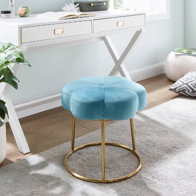 Boho Luxe Light Blue Velvet Flower Vanity Stool with Gold Base