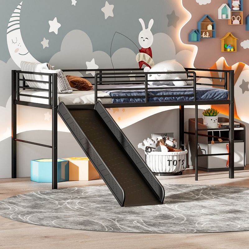 Tangkula Twin Metal Loft Bed with Slide Guardrails Built-in Ladder Low Bed Frame, 2 of 10