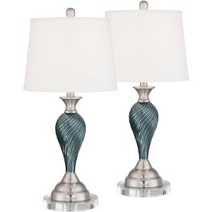 Regency Hill Arden Coastal Table Lamps 26" High Set of 2 Green Blue Glass Twist with Round Risers Empire Shade for Bedroom Living Room Bedside House - 1 of 4
