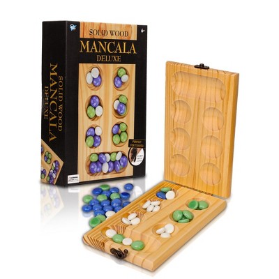 Point Games Deluxe Mancala, 1 Solid Wood Folding Board, 48 Glass Marbles