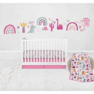 Bacati - Little Dino Girls Fuchsia/Aqua Muslin 4 pc Crib Bedding Set with 2 Fitted Sheets - 1 of 4
