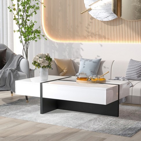 Modern High Gloss Surface Cocktail Table, Coffee Table with Large Drawer,  Black-ModernLuxe