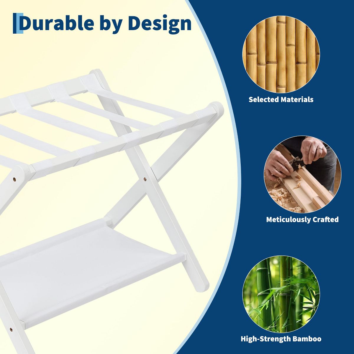 2-Pack Folding Bamboo Luggage Rack with Storage Shelf, Suitcase Stand with Nylon Straps, 110 lb Capacity for Bedroom, Hotel, Living Room, White - thumbnail 7