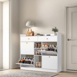 KTMBDW Shoe Cabinet Storage with 4 Flip Drawers and 2 Drawers, Slim Freestanding Narrow Shoe Organizer Rack Cabinet for Hallway, Living Room, White - 1 of 4