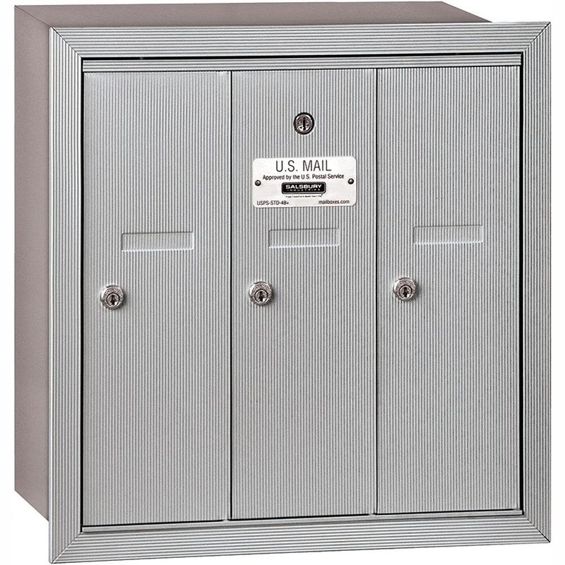 Salsbury Industries Vertical Mailbox (Includes Master Commercial Lock) - 3 Doors - Aluminum - Recessed Mounted - Private Access, 1 of 2