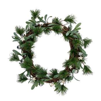 Northlight Pine Needle and Silver Ball Ornament Artificial Christmas Wreath, 12-Inch, Unlit