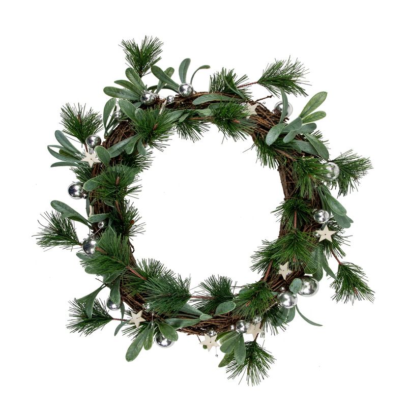 Northlight Pine Needle and Silver Ball Ornament Artificial Christmas Wreath, 12-Inch, Unlit, 1 of 3