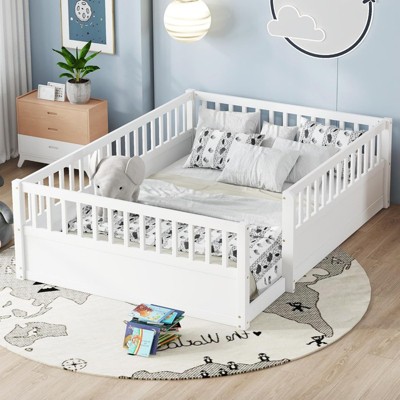 ALEXOUN Floor Bed with Fence & Door - Kids Bed Montessori Frame - Easy Assembly, No Spring Box Needed - for Playroom Bedroom