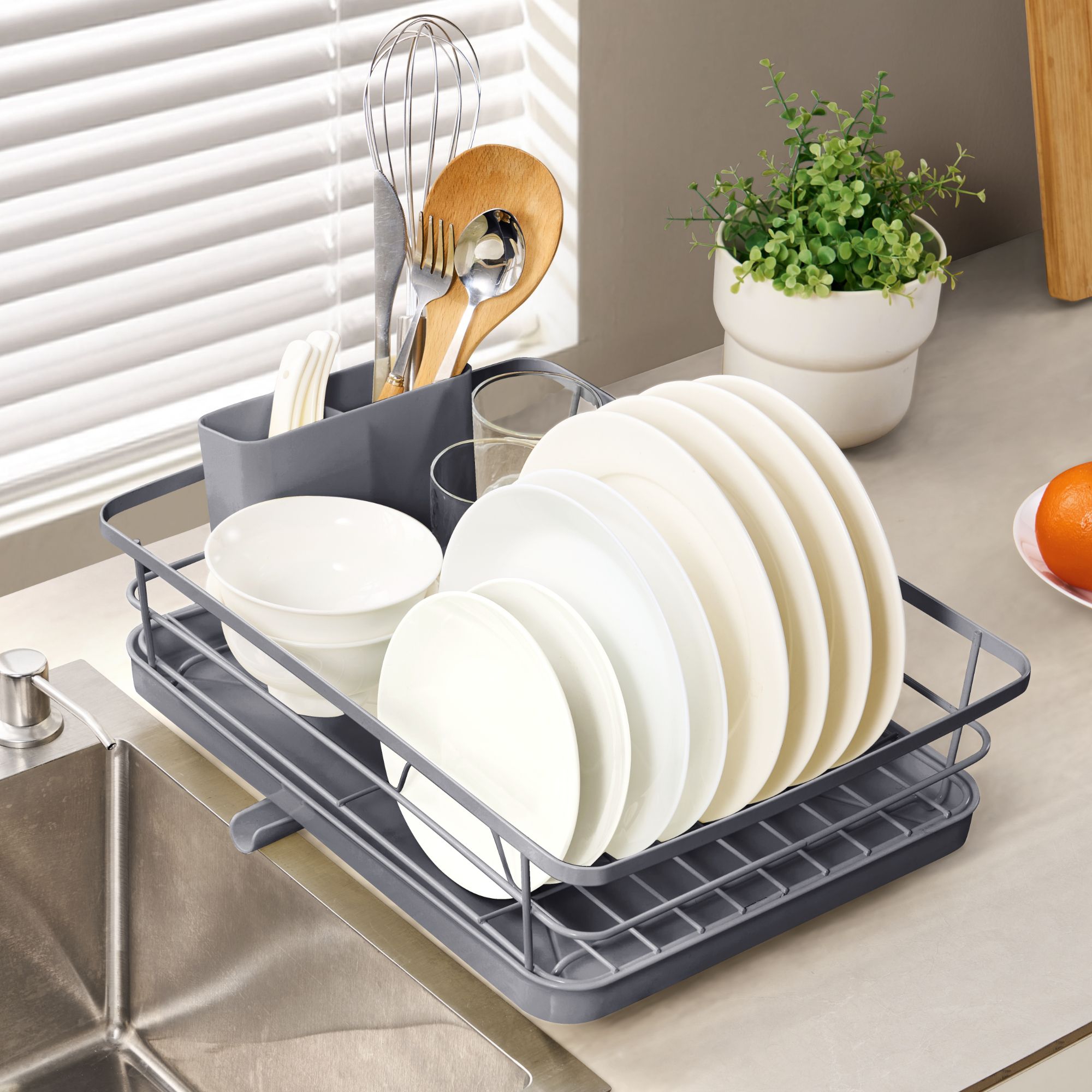 3-Piece Multi-Functional Dish Drying Rack with Drain Board & Utensil Holder - Gray
