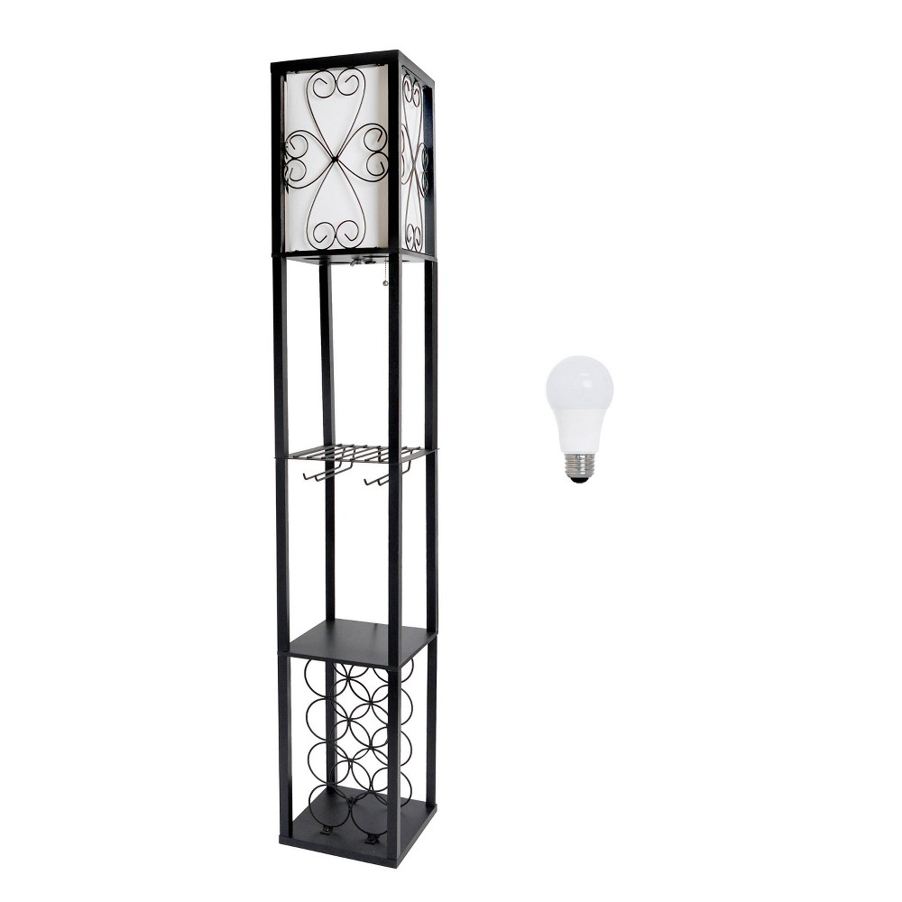 Creekwood Home Eleganzia 62.5&#34; Vino Wine Rack and Storage Floor Lamp with Stemware Holder Feit LED (Includes LED Light Bulb) Black