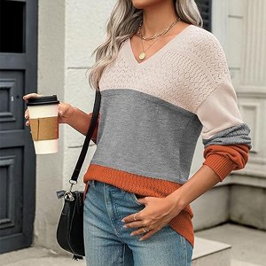 Womens 2025 Fall Sweaters Casual Long Sleeve Ribbed Knit Pullover V Neck Lightweight Crochet Pullover Sweater Top - 1 of 4