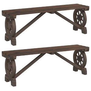 vidaXL Solid Fir Wood Patio Benches - Wagon Wheel Design, Outdoor Seating for Garden/Terrace, 45.3"x11"x15.6", Burnt Wood Finish, 2-Pack - 1 of 4