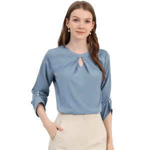 INSPIRE CHIC Women's Work Office Keyhole Pleated Front Ruched 3/4 Sleeve Chiffon Blouse - 1 of 4