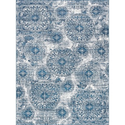 Blue and White Synthetic Low Pile Bohemian Area Rug