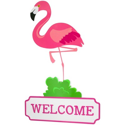 Pink Flamingo Tropical Metal Welcome Wall Sign - 25"