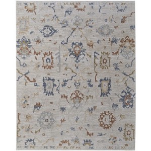 Ivory Blue and Gold Floral Power Loom Worn Faded Area Rug With Fringe - 1 of 4