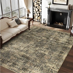 9x12 Rugs Washable Non-Slip - Vintage Floral Area Rug , Large Distressed Retro Carpet, Soft Low Pile Machine Washable Rug (Green) - 1 of 4