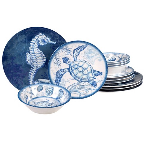 Cocorea Melamine Dinnerware Set, 12-piece Unbreakable Plates  and Bowls, Light weight for Outdoor Use, Blue: Dinnerware Sets