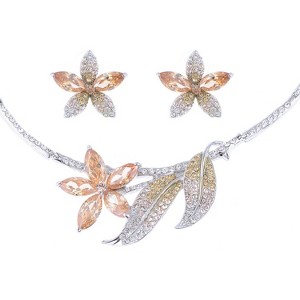 Anna-Kaci Women's Gold Tone Necklace and Earring Set with Peach Crystal Teardrop Accents, Adjustable Chain, Elegant and Sparkling Design - Peacock - 1 of 4