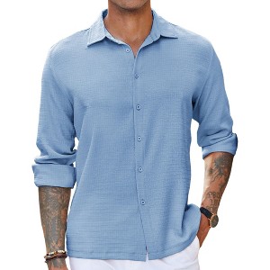COOFANDY Men's Casual Button Down Long Sleeve Shirt Linen Wrinkle Free Textured Shirt - 1 of 4